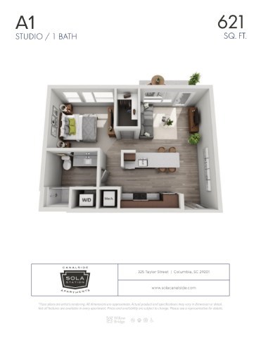 Floor plan for studio, 1 bath, 621 sqft