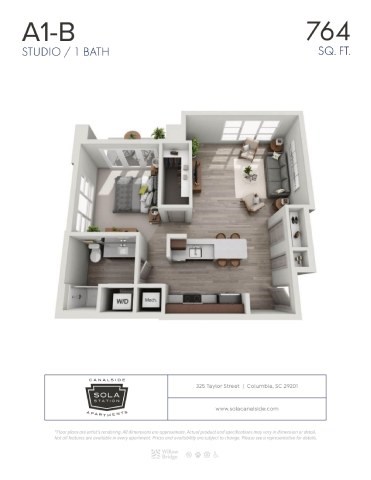 Floor plan for studio, 1 bath, 764 sqft
