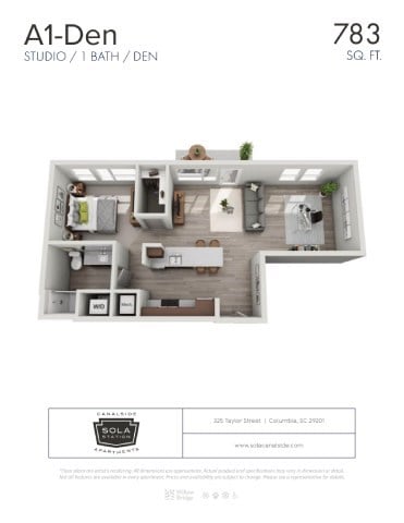 Floor plan for studio, 1 bath, 783 sqft