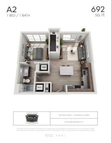 Floor plan for 1 bed, 1 bath, 692 sqft