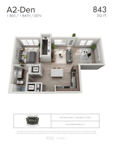 Floor plan for 1 bed, 1 bath, 843 sqft