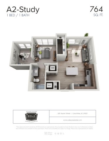Floor plan for 1 bed, 1 bath, 764 sqft
