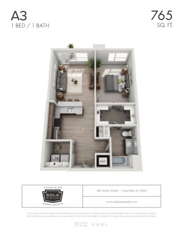 Floor plan for 1 bed, 1 bath, 765 sqft