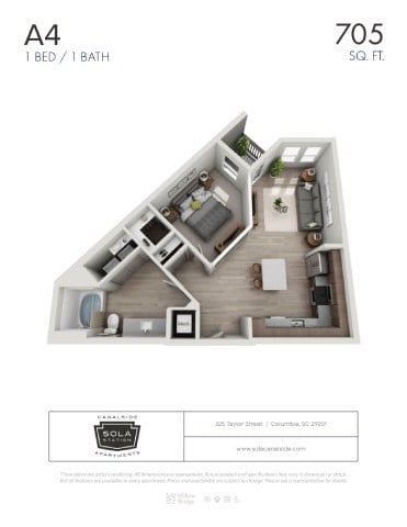 Floor plan for 1 bed, 1 bath, 705 sqft