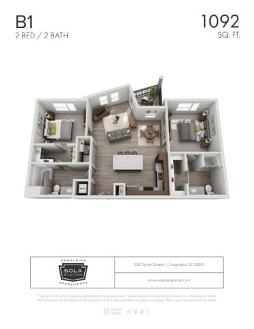 Floor plan for 2 beds, 2 baths, 1092 sqft
