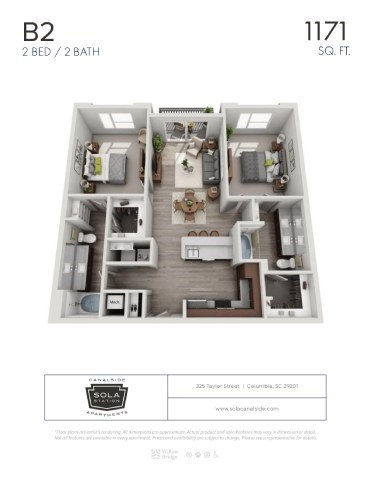 Floor plan for 2 beds, 2 baths, 1171 sqft