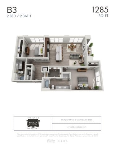 Floor plan for 2 beds, 2 baths, 1285 sqft