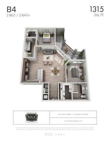 Floor plan for 2 beds, 2 baths, 1315 sqft