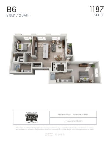Floor plan for 2 beds, 2 baths, 1187 sqft