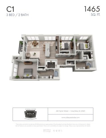 Floor plan for 3 beds, 2 baths, 1465 sqft