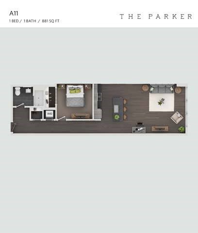 Floor plan for 1 bed, 1 bath, 881 sqft