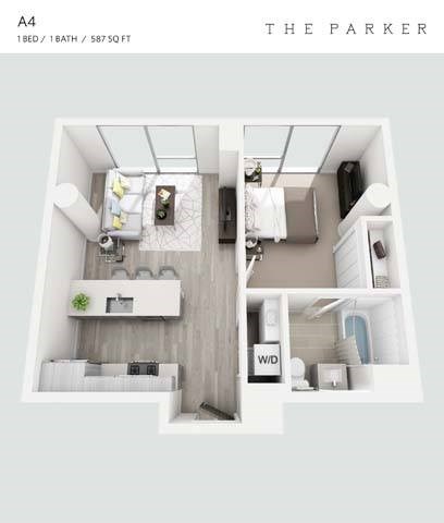 Floor plan for 1 bed, 1 bath, 587 sqft