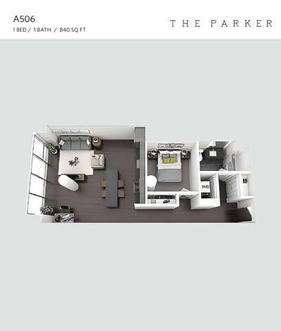 Floor plan for 1 bed, 1 bath, 840 sqft