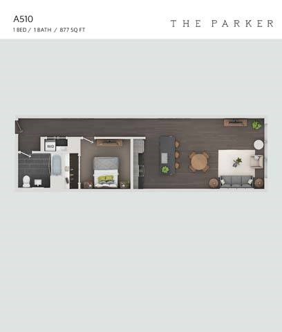 Floor plan for 1 bed, 1 bath, 877 sqft