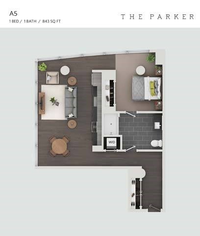 Floor plan for 1 bed, 1 bath, 843 sqft
