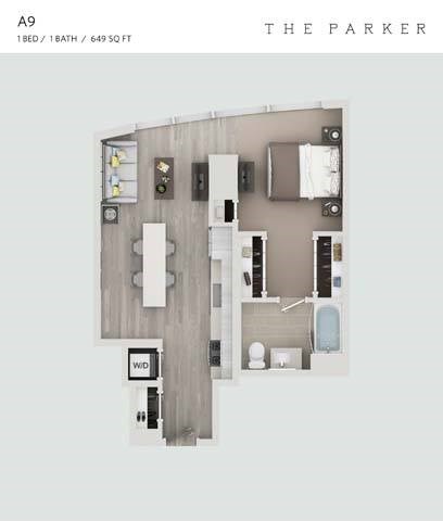 Floor plan for 1 bed, 1 bath, 649 sqft