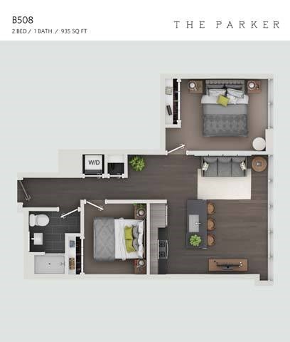 Floor plan for 2 beds, 1 bath, 935 sqft