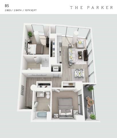 Floor plan for 2 beds, 2 baths, 1079 sqft