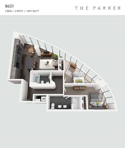 Floor plan for 2 beds, 2 baths, 1057 sqft