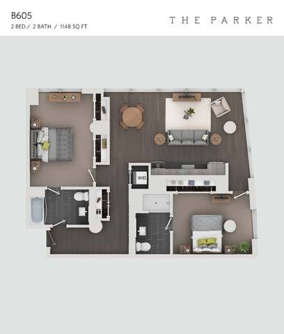 Floor plan for 2 beds, 2 baths, 1148 sqft