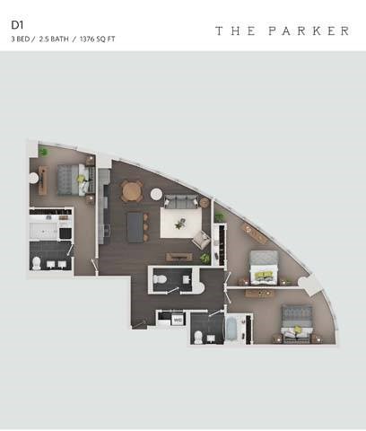 Floor plan for 3 beds, 2.5 baths, 1376 sqft