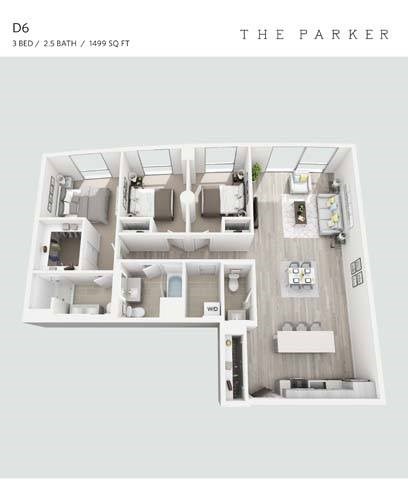 Floor plan for 3 beds, 2.5 baths, 1499 sqft