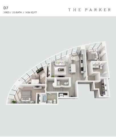 Floor plan for 3 beds, 2.5 baths, 1436 sqft