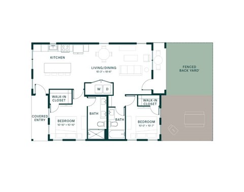 Floor plan for 2 beds, 2 baths, 1075 sqft
