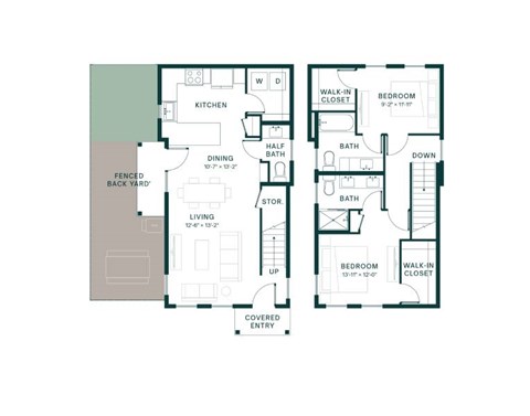 Floor plan for 2 beds, 2.5 baths, 1198 sqft