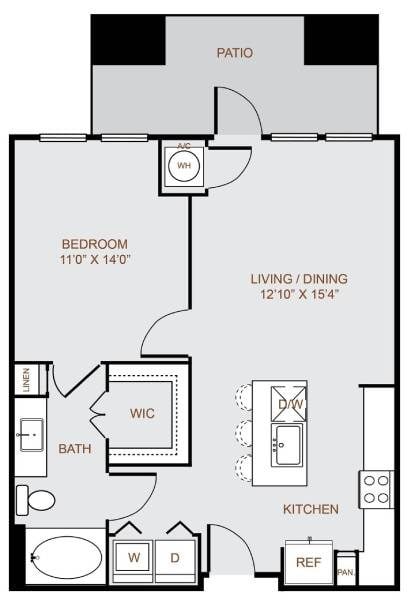 Floor plan for 1 bed, 1 bath, 722 sqft