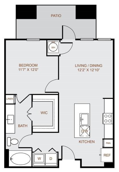 Floor plan for 1 bed, 1 bath, 719 sqft