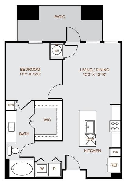 Floor plan for 1 bed, 1 bath, 719 sqft