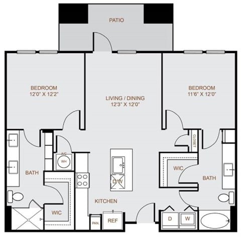 Floor plan for 2 beds, 2 baths, 1069 sqft