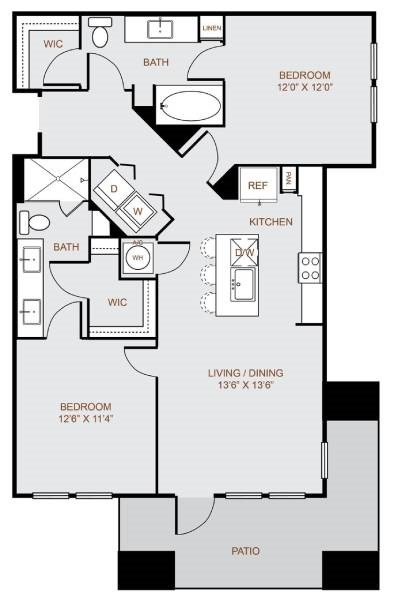 Floor plan for 2 beds, 2 baths, 1082 sqft