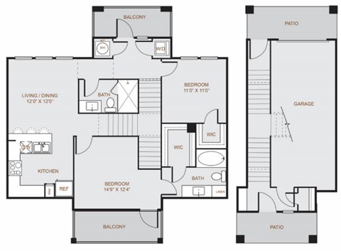 Floor plan for 2 beds, 2 baths, 1137 sqft