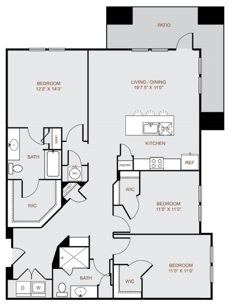 Floor plan for 3 beds, 2 baths, 1588 sqft