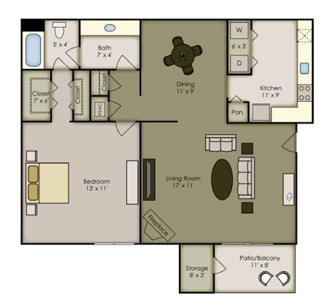 Floor plan for 1 bed, 1 bath, 856 sqft