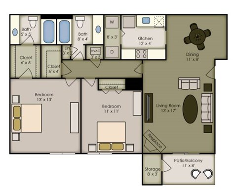 Floor plan for 2 beds, 2 baths, 1058 sqft