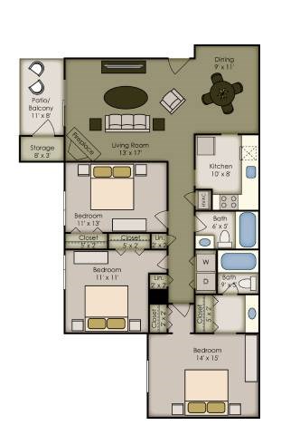 Floor plan for 3 beds, 2 baths, 1258 sqft
