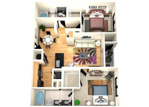 Floor plan for 2 beds, 2 baths, 1057 sqft