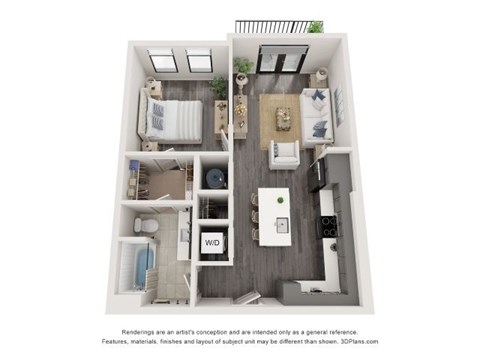 Floor plan for 1 bed, 1 bath, 738 sqft