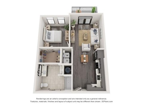 Floor plan for 1 bed, 1 bath, 738 sqft