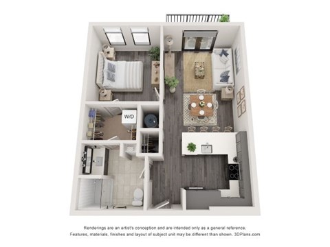Floor plan for 1 bed, 1 bath, 725 sqft