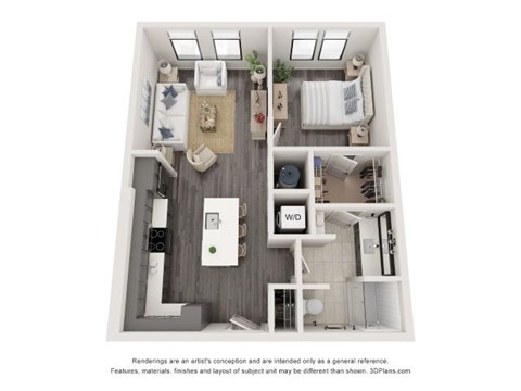 Floor plan for 1 bed, 1 bath, 750 sqft