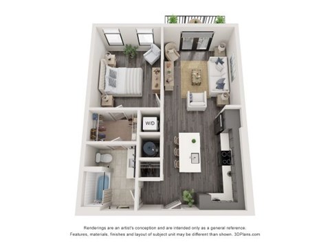 Floor plan for 1 bed, 1 bath, 725 sqft