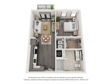 Floor plan for 1 bed, 1 bath, 750 sqft