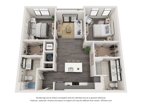 Floor plan for 2 beds, 2 baths, 1050 sqft
