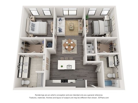 Floor plan for 2 beds, 2 baths, 1050 sqft