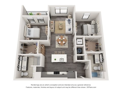 Floor plan for 2 beds, 2 baths, 1030 sqft