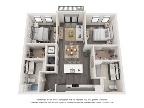 Floor plan for 2 beds, 2 baths, 1062 sqft